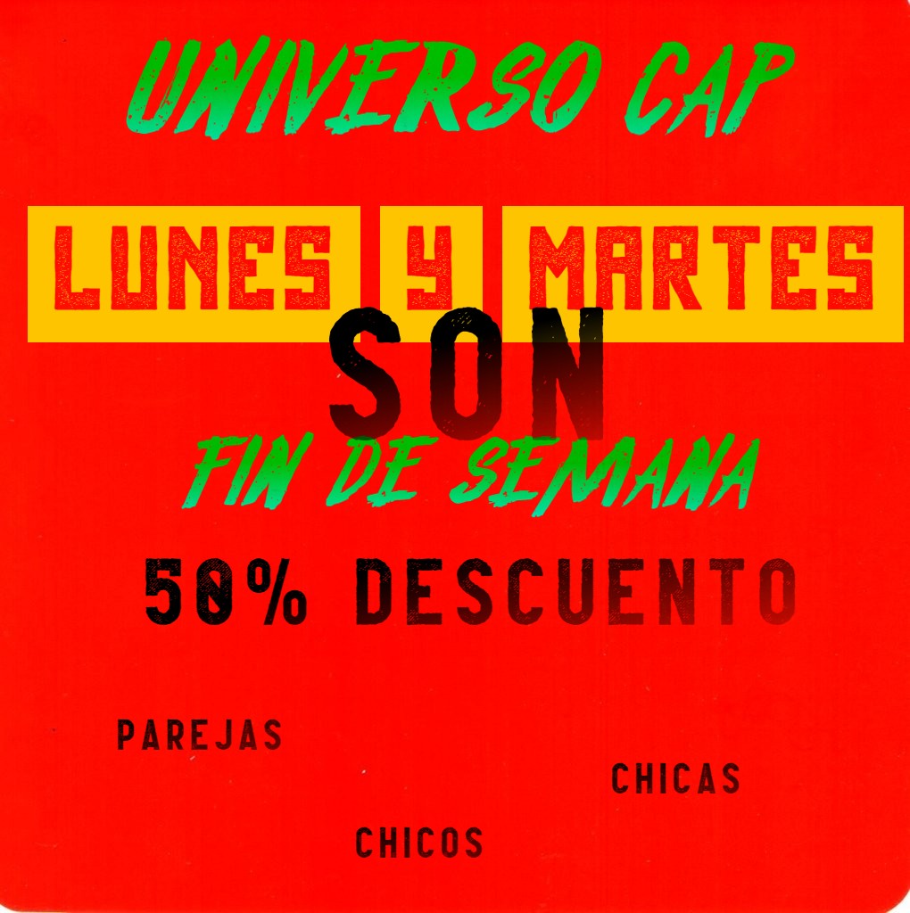 ¡¡¡¡LOS LUNES Y LOS MARTES SON FIN DE SEMANA EN CAP MADRID. TODOS AL 50%. AHORA TAMBIÉN EN ABRIL Y SÓLO EN CAP!!!!